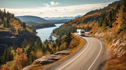 Along a picturesque road in Jackman, Maine, a pickup vehicle and an RV trailer are moving. - obrazy, fototapety, plakaty