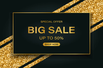 Luxury discount banner with gold frame and glitter. Big sale, super offer. Templates, brochures, vector - obrazy, fototapety, plakaty