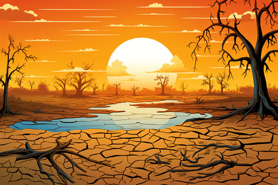 Cartoon image showing the effects of extreme climate change, in a desert perspective - Generative IA