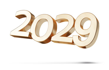 year 2029 golden bold metallic glossy, isolated, small shadows, hovering floating