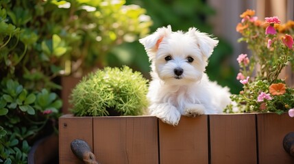 Sitting in a planter box is a tiny white fluffy puppy. - obrazy, fototapety, plakaty