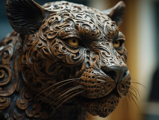 Close up portrait of a jaguar with oriental ornament woodcarving elements background