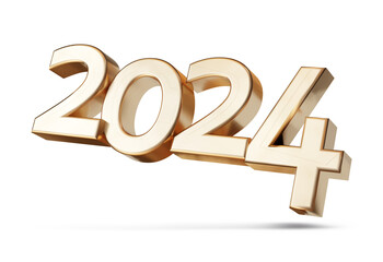 year 2024 golden bold metallic glossy, isolated, small shadows, hovering floating