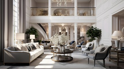 3d rendering of luxury and beautiful living room design with sofas