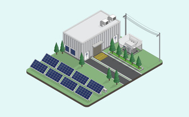solar cell energy, solar cell power plant, solar farm isometric graphic