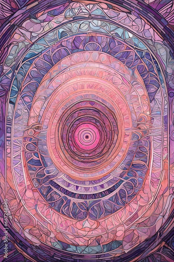 Poster an abstract artwork that explores transcendental meditation, with intricate, concentric patterns and