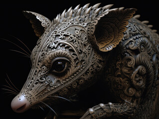 Close up portrait of opossum with oriental ornament woodcarving elements background