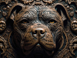 Close up portrait of a pitbul with oriental ornament woodcarving elements background