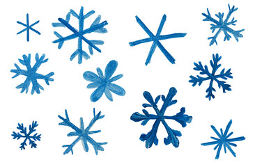 collection of blue snowflakes drawn with watercolor paint on a white isolated background - obrazy, fototapety, plakaty