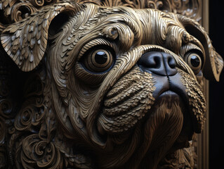 Naklejka premium Close up portrait of a pug with oriental ornament woodcarving elements background