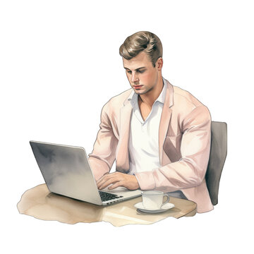 Young man, business professional, using a laptop computer for work. Isolated on transparent background