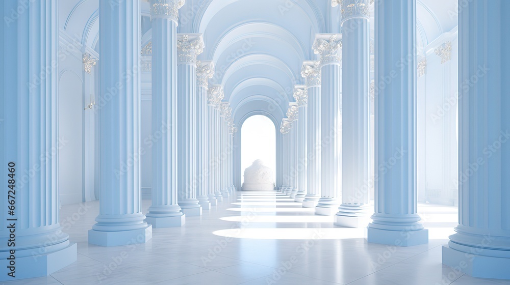 Wall mural white columns and arches. spacious hall. minimalist architecture.