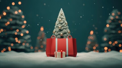 Fototapeta premium a Christmas shopping bag adorned with minimalist Christmas decorations and a beautifully wrapped gift box, embodying the essence of modern holiday style.