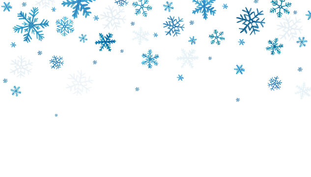 falling snowflakes drawn with blue watercolor paint on a white isolated background