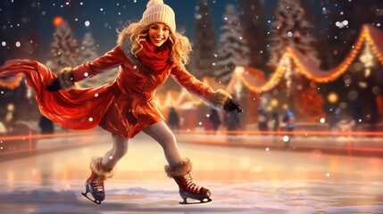 Beautiful smiling woman skating at the evening on the ice skating center. Full height