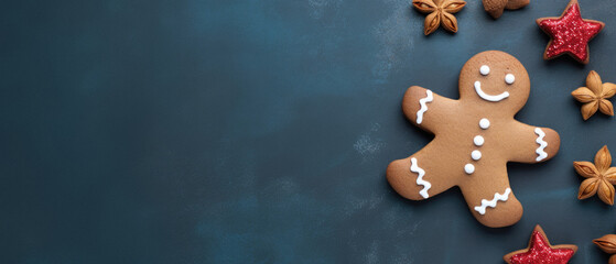 Gingerbread man with christmas decoration on dark blue background, top view.