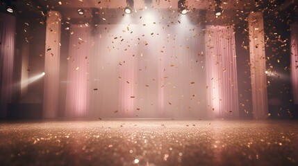 Blush Confetti rains on an empty Stage with beautiful Lighting. Festive Template for Holidays and Celebrations
