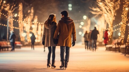 Young couple holding hands on the ice skating decorated with Christmas lights. Back view