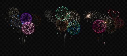 Fireworks vector set. Collection of realistic colorful fireworks.