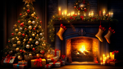A room with a fireplace decorated with Christmas decorations with a tree and New Year's gifts