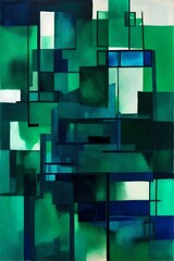 An abstract composition inspired by quantum superposition, using overlapping, transparent shapes and a color palette that shifts between vivid emerald green and deep midnight blue.