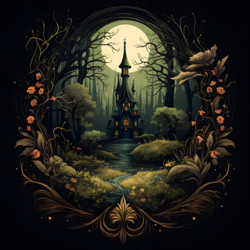 Spooky halloween background with castle, A Halloween logo design for t-shirt, witched forest with magical Green