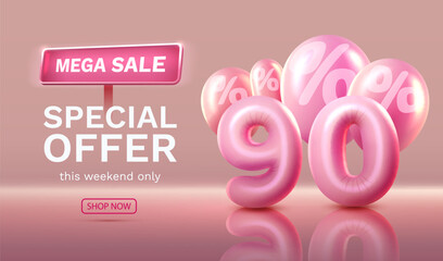 Mega sale, special offer, 90 off sale banner. Sign board promotion. Vector illustration