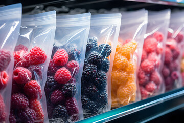 Plastic bags with frozen berries on a refrigerator shelf. Generative AI