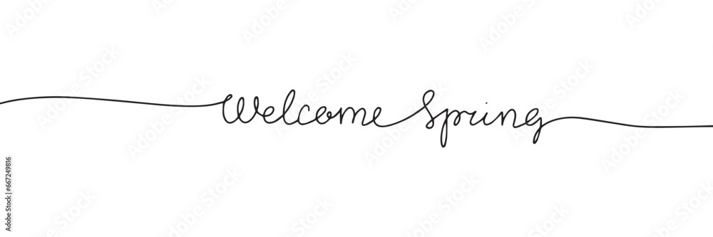 Poster welcome spring one line continuous text banner. spring short phrase as banner concept. vector illust