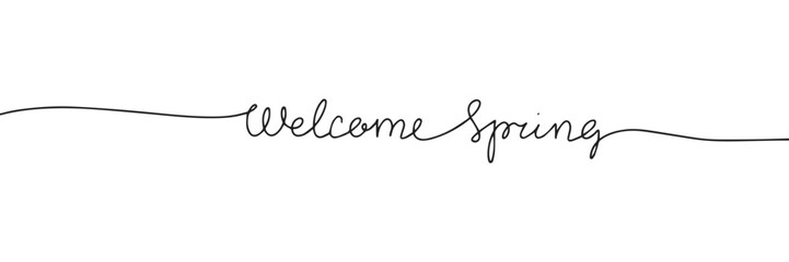 Welcome spring one line continuous text banner. Spring short phrase as banner concept. Vector illustration. - obrazy, fototapety, plakaty
