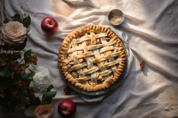 Homemade autumn apple pie. Still life with fresh apples. Generative AI