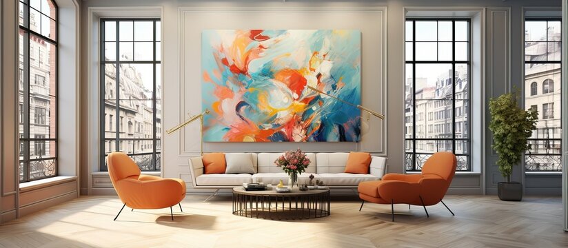 Stylized as an oil painting a modern interior room has colorful walls large windows and stylish furniture with a bright and stylish design