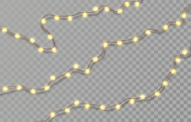 Electric garlands with yellow light bulbs. Christmas lights isolated on transparent background. Holiday decorations with glowing lights for Christmas, New Year, party, event. Vector illustration