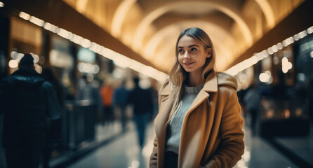 Portrait of a woman in the city. Smiling young woman on blurry background with city lighting. Generative artificial intelligence