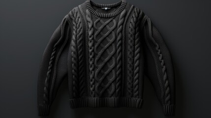 a classic black knit sweater, with an ultra-detailed rendering that captures the texture and intricate patterns.