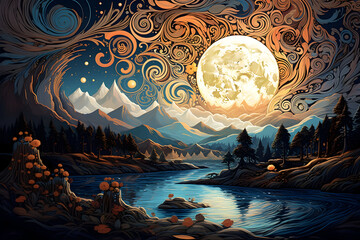 A striking artwork that merges psychedelic swirls with the serenity of a sapphire lake and a rose-gold moon, artistic version of landscape with moon and mountains
