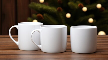 Fototapeta premium two blank white enamel mugs, elegantly adorned with Christmas decor and pineal motifs.