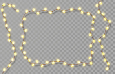 Electric garlands with yellow light bulbs. Christmas lights isolated on transparent background. Holiday decorations with glowing lights for Christmas, New Year, party, event. Vector illustration