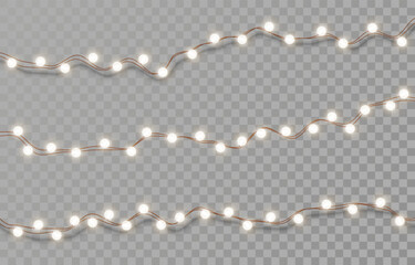 Electric garlands with white light bulbs. Christmas lights isolated on transparent background. Holiday decorations with glowing lights for Christmas, New Year, party, event. Vector illustration