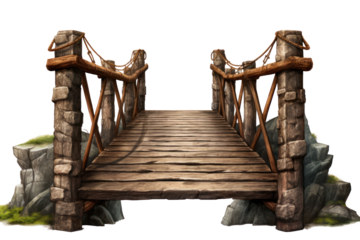 wood bridge with ropes isolated on transparent background, png file