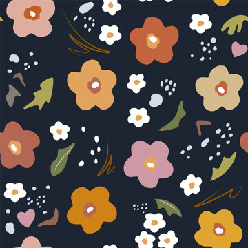 Creative seamless art pattern with abstract and floral elements on dark blue background. Suitable for fabric, wallpaper, paper, poster, greeting card, invitation, flyer, banner, brochure, page cover