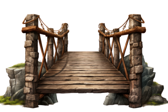 wood bridge with ropes isolated on transparent background, png file