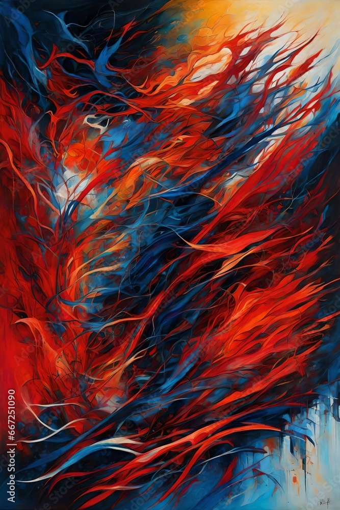 Poster an abstract artwork that explores the chaos of creation, featuring dynamic, explosive forms and a bo