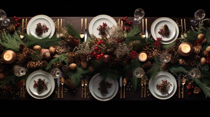 a Christmas-themed table setting, meticulously decorated with a pine branch and joyful confetti, providing a lifelike presentation.