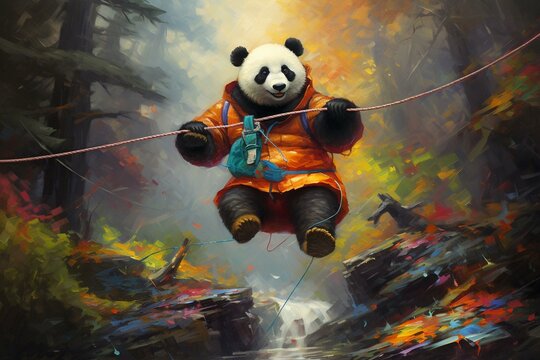 An adventurous, risk-taking panda on a colorful tightrope. Generative AI