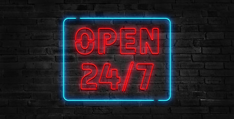 24 hours Neon signboards set Vector. Open all day neon signs, design template, modern trend design, night bright advertising, light banner, light art. Vector illustration. - Powered by Adobe