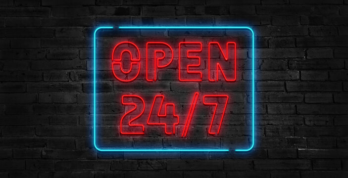 24 hours Neon signboards set Vector. Open all day neon signs, design template, modern trend design, night bright advertising, light banner, light art. Vector illustration.