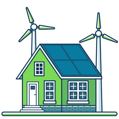 House painted green, wind turbines, symbolizing its eco friendly nature, Vector illustration of an eco friendly house with windmills, Stock vector image