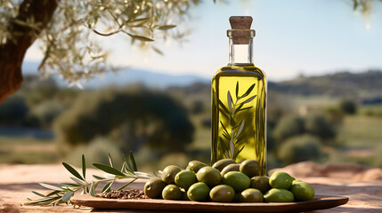 Extra virgin olive oil and green olives in a mediterranean olive tree field