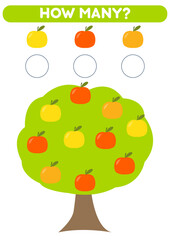 Math game for kids. How many apples are there. Printable worksheets.